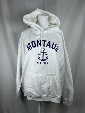 Gildan Montauk White Hoodie Heavy Blend Size Large Navy Blue Print Nautical NY